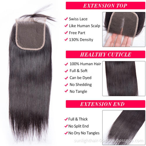 Sunlight Bundles de cheveux raides bresiliens avec 4*4 fermeture partie centrale Remy paquets d'expedition de nuit et fermeture